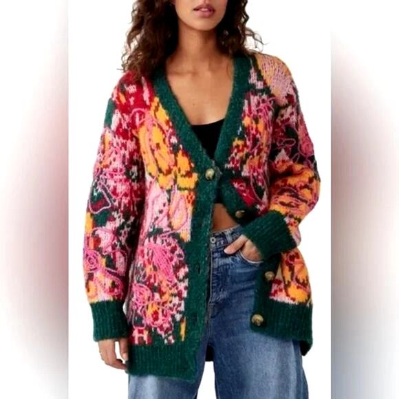 Free people Alexis floral oversized thick cardigan sweater womens medium boho - Picture 1 of 7